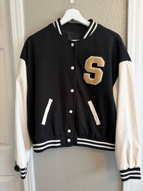 Love Tree Black and White Varsity Bomber Jacket with Gold Patch